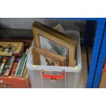 A box containing gilt framed oleographs etc