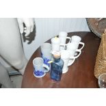 Five glass tankards; two stoneware tankards and an