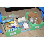 Three boxes of various light shades; tools etc