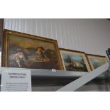 A pair of framed prints depicting a battle scene;
