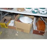 Four boxes containing various linen, mantel clock,