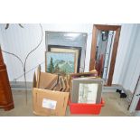 Two boxes of various pictures; prints; tapestries