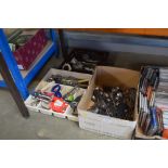 Two trays; box of various kitchen utensils and cut