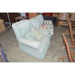 A stripped upholstered two seater settee and simil