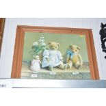 A framed print depicting teddy bears