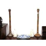 A pair of Folk Art decorated tall pricket candlesticks, 74cm high