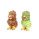 Two slip ware pottery jars, in the form of owl chicks, one green glazed the other brown glazed,