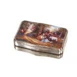 A continental silver powder box, the hinged lid with enamel decoration of figures in a woodland,