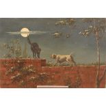 19th Century school, study of a cat and dog on a wall in moonlight, indistinctly signed oil on board