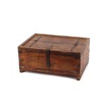 A small Eastern hardwood box, having iron mounts and hinges, carved decoration, 41cm