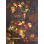 19th Century school, pair of large still life studies depicting fruit tumbling from a ledge, oils on