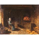 19th Century school, study of a woman seated by an open fire in a bakery, unsigned oil on canvas,