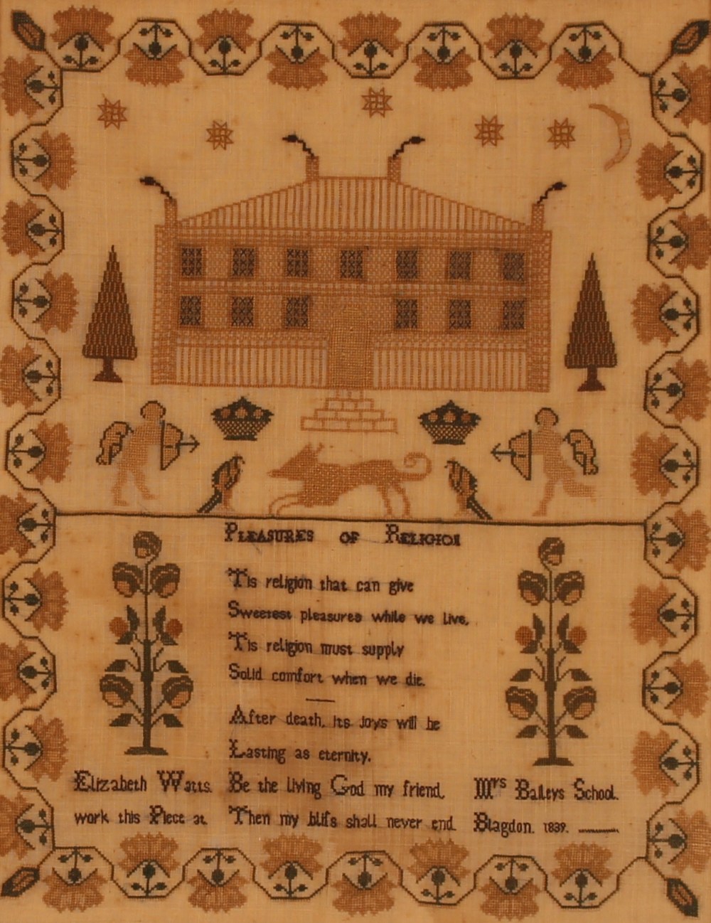 A sampler, depicting house, figures, birds trees etc. worked by Elizabeth Watts, Mrs Bailey's