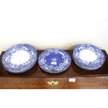 Various 19th Century blue and white plates; and a pair of Wedgwood powder blue cameo decorated
