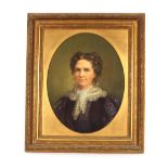 19th Century school, portrait study of a lady wearing dark blue dress with lace trim, framed as an