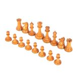 A Staunton boxwood and ebony chess set, by Jaques of London in mahogany baize lined box