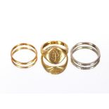 An 18ct gold signet ring, 8gms; a thin 22ct gold wedding band, 1gm; and a platinum wedding band 2.