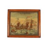 A Victorian wool work picture, depicting a paddle steamer and other boats approaching  a harbour,