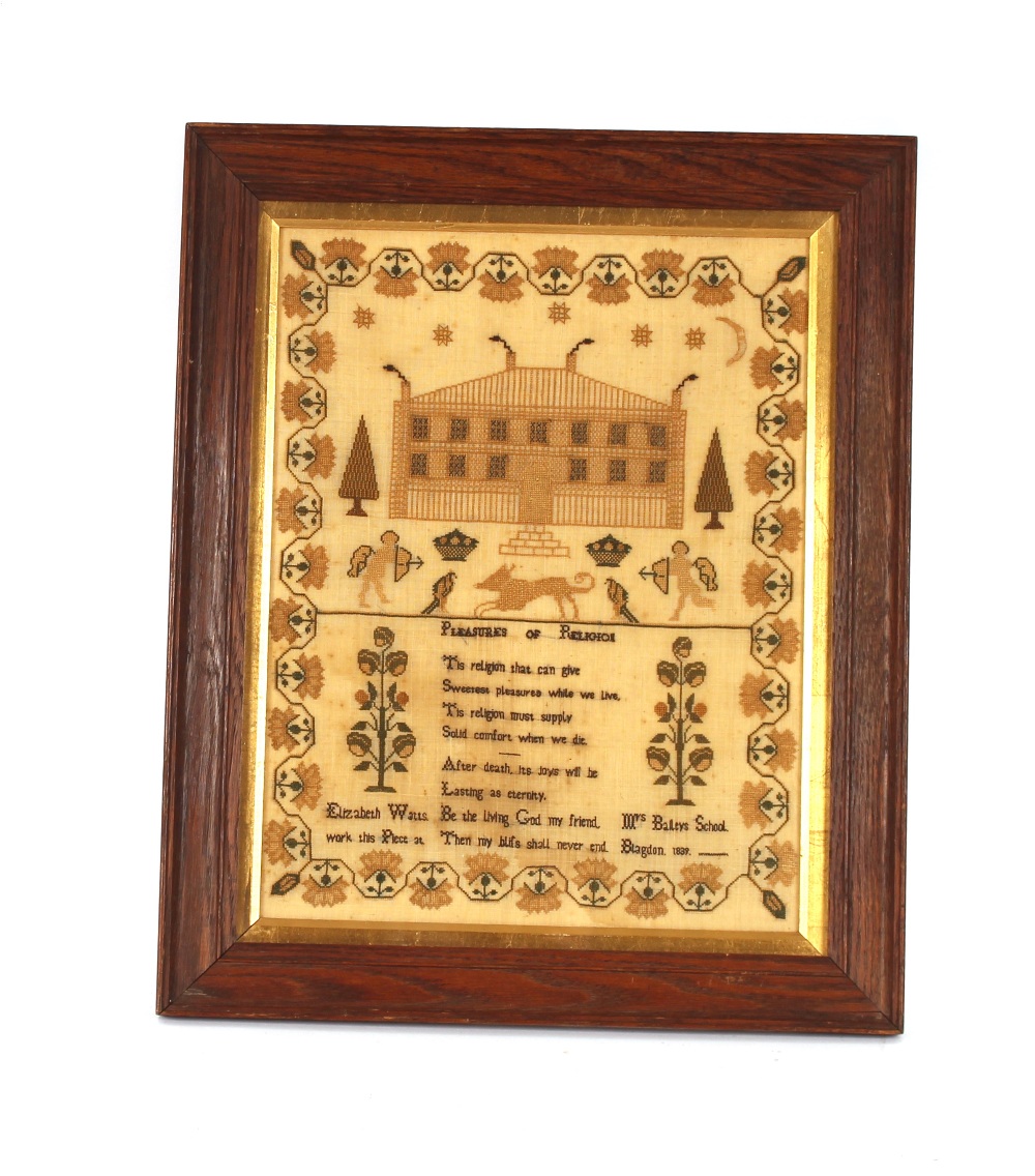 A sampler, depicting house, figures, birds trees etc. worked by Elizabeth Watts, Mrs Bailey's - Image 2 of 2