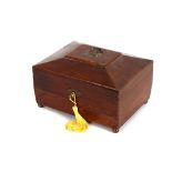 A 19th Century mahogany and boxwood strung sewing or jewellery box, the lid surmounted by a brass