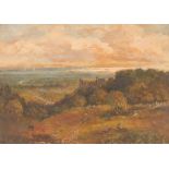 J A Crawford, signed oil on board view of the sea from hill and castle ruin, 16cm x 22.5cm (9)