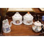 A pair of Oriental Armorial style pots and covers, decorated birds, butterflies and flowers; a
