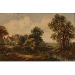 E Torr, study of a rural cottage with figure and poultry beside a pond, signed oil on board, 29cm
