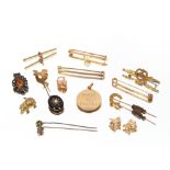 A 9ct gold bar brooch, with heart shaped motif; a seed pearl set bar brooch; various other