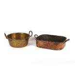 A large oblong copper pan, 52cm; and a brass preserve pan with lion loop handles, 40cm (2)