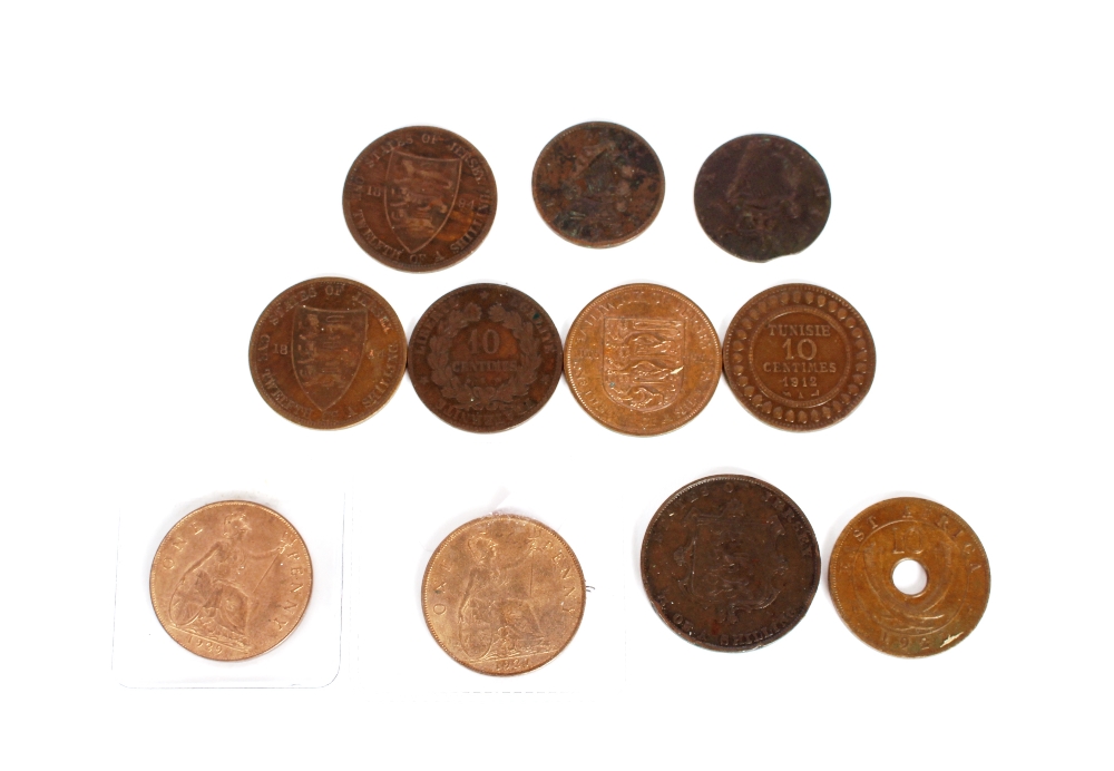 Miscellaneous lot of coinage, to include 1/3rd shilling Jersey 1861; a 1/20th shilling Jersey