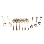 A set of six George V silver coffee spoons, London 1927; various souvenir spoons etc. (11)