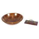 An antique wooden maize bowl; and an unusual paperweight in the form of a drawer front (2)