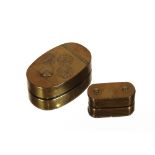 A brass hinged snuff box, the lid with pseudo dials; and a small brass folding vesta case (2)