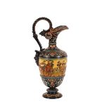 An ornate 19th Century continental pottery ewer, decorated with a central band depicting a hawking