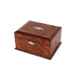 A Victorian walnut satin wood cross banded and mother of pearl inlaid trinket box, having lift out