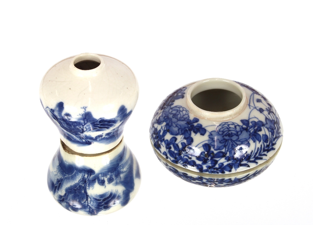 An Arita ware blue floral painted brush pot, decorated foliage and crickets; and a small Chinese