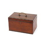 A Georgian mahogany three compartment tea caddy, the hinged lid fitted with a brass handle, 28cm