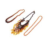 A collection of various amber and amber coloured necklaces; an amber pendant hung to a fine link