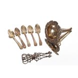 A Sheffield plated wine funnel; a pair of antique plated scissor action sugar nips; and five 19th
