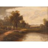 E Horton, study of a figure crossing a river bridge, rural landscape beyond, signed oil an canvas,
