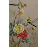 A fabric four fold draught screen, decorated in coloured wool and silk work with exotic birds,