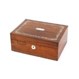 A Victorian rose wood and mother of pearl inlaid sewing box, and various contents, 30cm wide