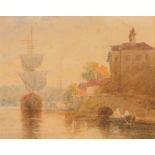19th Century English school, study of figures in a rowing boat with large three masted ship and