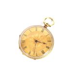 A Victorian 18ct gold fob watch, with foliate engraved case, contained in a ruby tinted glass