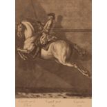 A pair of antique black and white prints, depicting 17th Century equestrian scenes