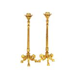 Three pairs of 19th Century gilt bronze Corinthian column candlesticks, having shell decorated bases