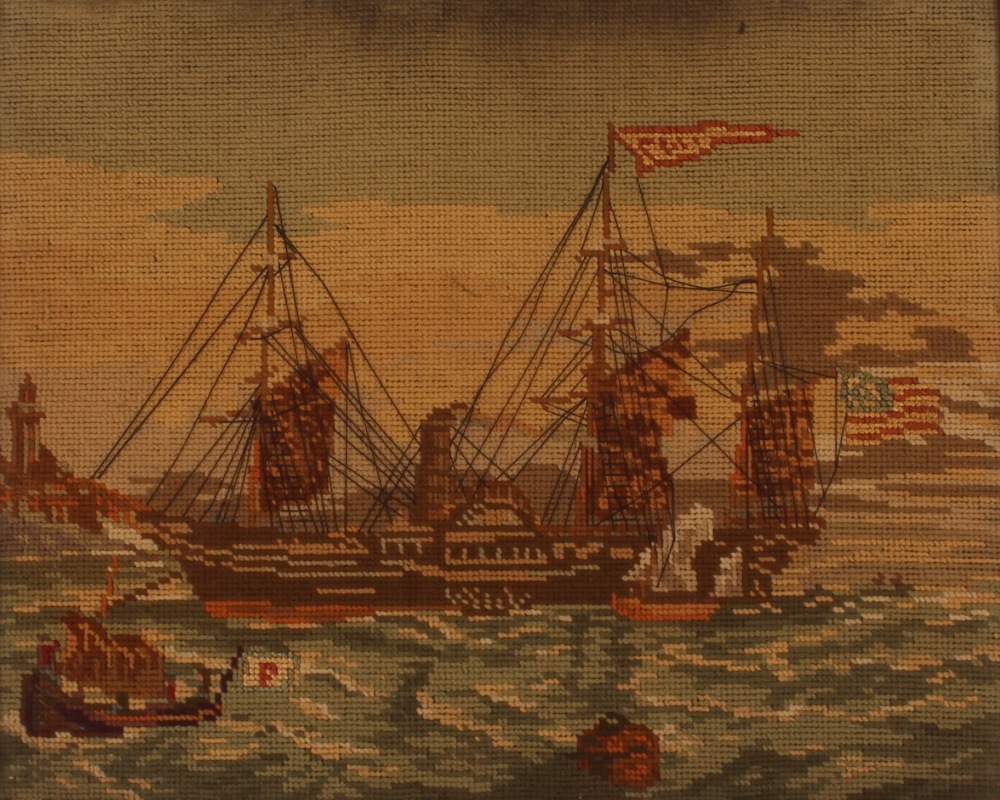 A Victorian wool work picture, depicting a paddle steamer and other boats approaching  a harbour, - Image 2 of 2