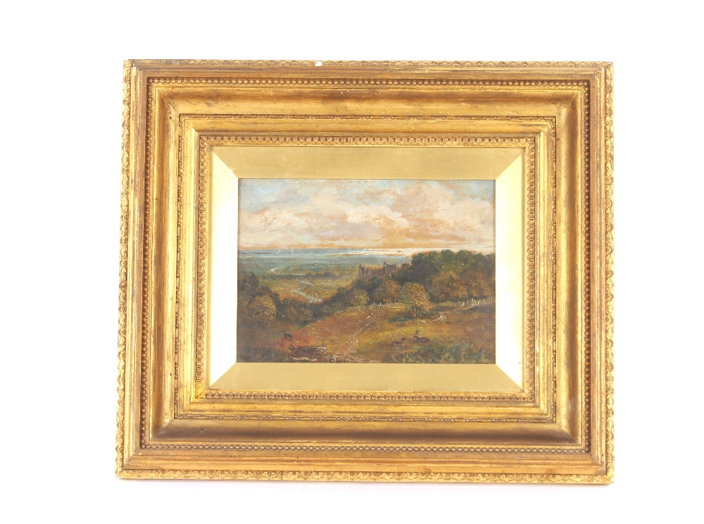 J A Crawford, signed oil on board view of the sea from hill and castle ruin, 16cm x 22.5cm (9) - Image 2 of 2