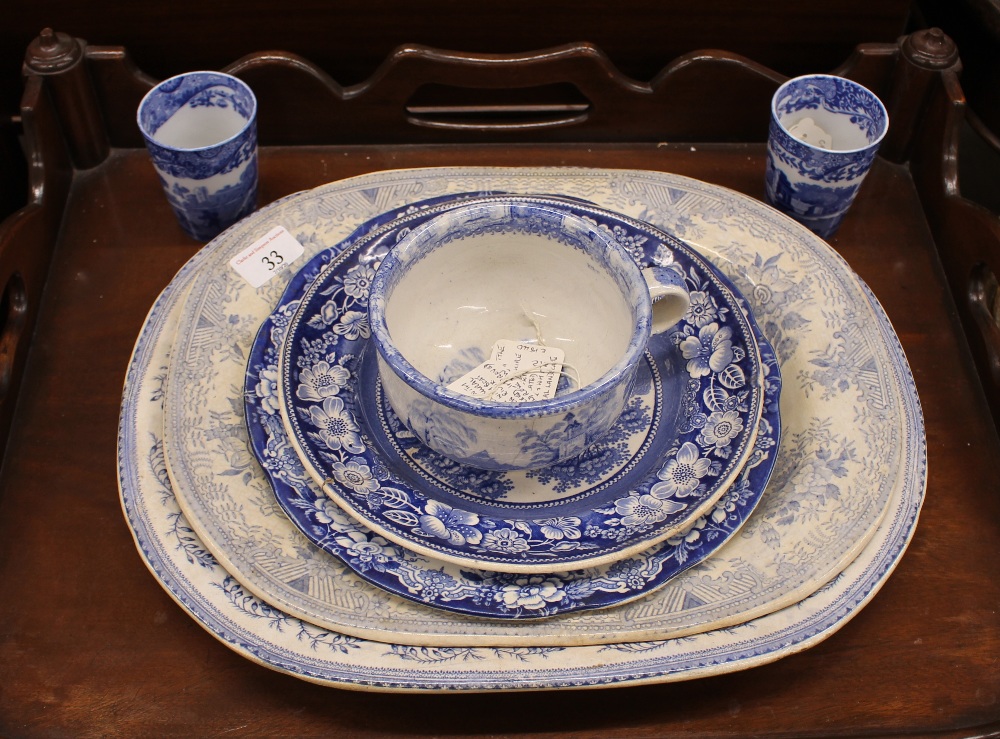 A blue and white Asiatic pheasant pattern meat plate; another blue and white transfer decorated