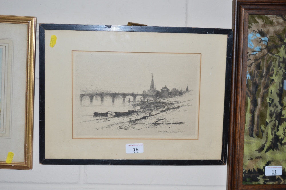 A black and white print of an etching depicting Perth Bridge